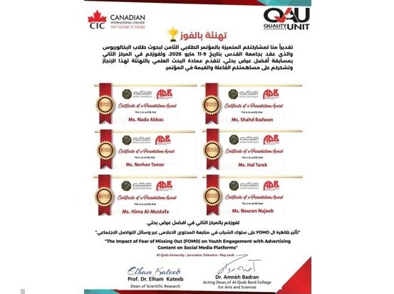 Students of CIC Win Top Awards at Al-Quds University